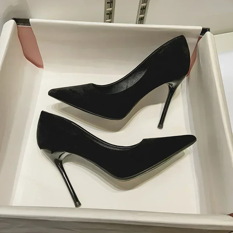 Sepatu wanita baru hak tinggi model Pump Suede sepatu hak tinggi untuk wanita sepatu pesta Stiletto sepatu hak wanita nyaman