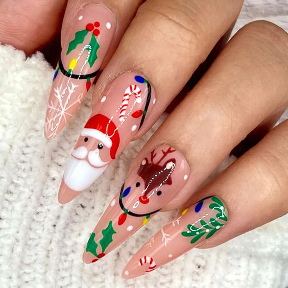 Christmas Press on Nails Long Almond French Tip unghie finte unghie acriliche rosa Nude con unghie finte di babbo natale punte finte lucide