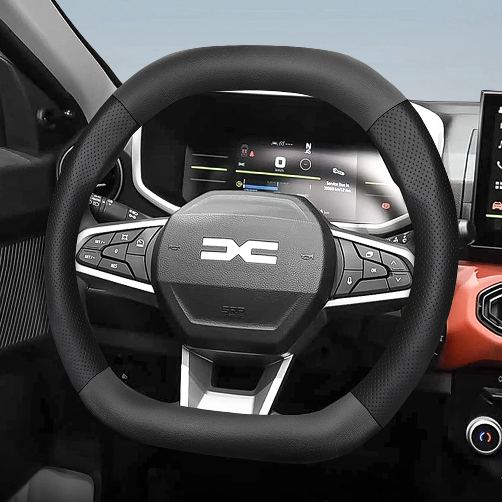 Suitable for Dacia Breathable Leather Matte Carbon Fiber Texture Steering Wheel Cover, Suitable for Models Such as Sandero Stepway, Duster, Jogger, Bigster, Spring, Electric, Cargo, Logan, Etc., in Black, Red Mocha