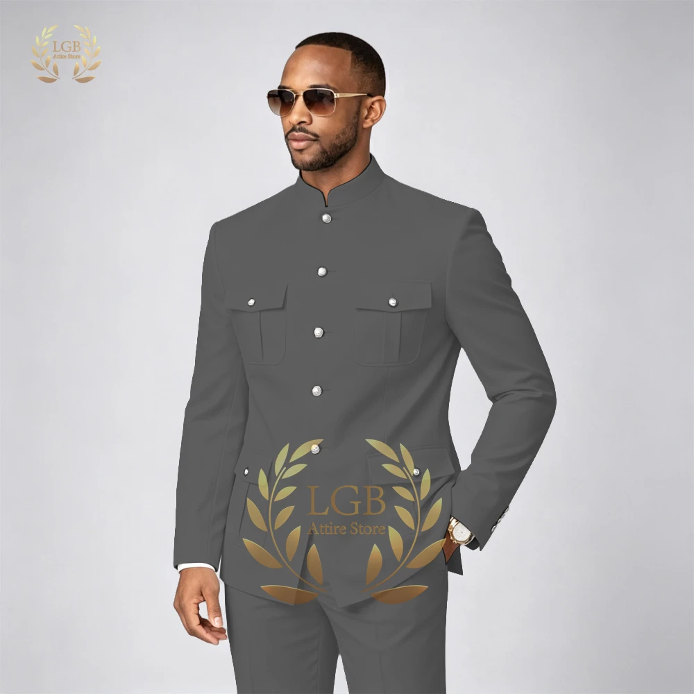 Men's Stand Collar Suit Set Single Breasted 4 Pocket Formal Wedding Party Blazer Pants Two Piece Business Casual Outfit