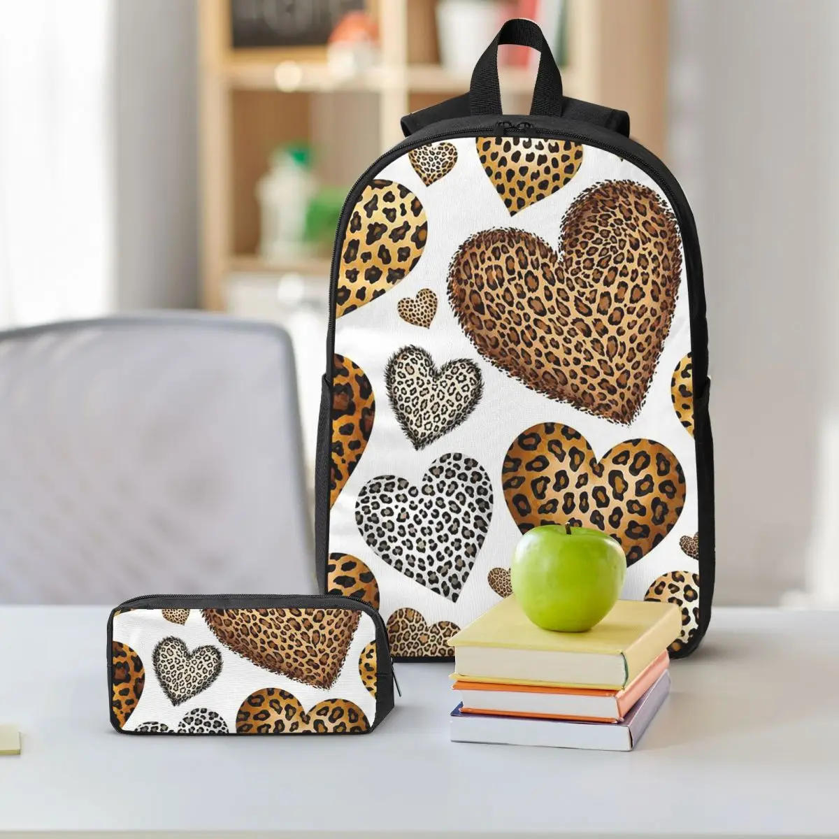 Leopard Print Heart-Shaped Backpack Student BookBag School Bag Shoulder Bags 3ps Insulated Lunch Bag Pencil Case