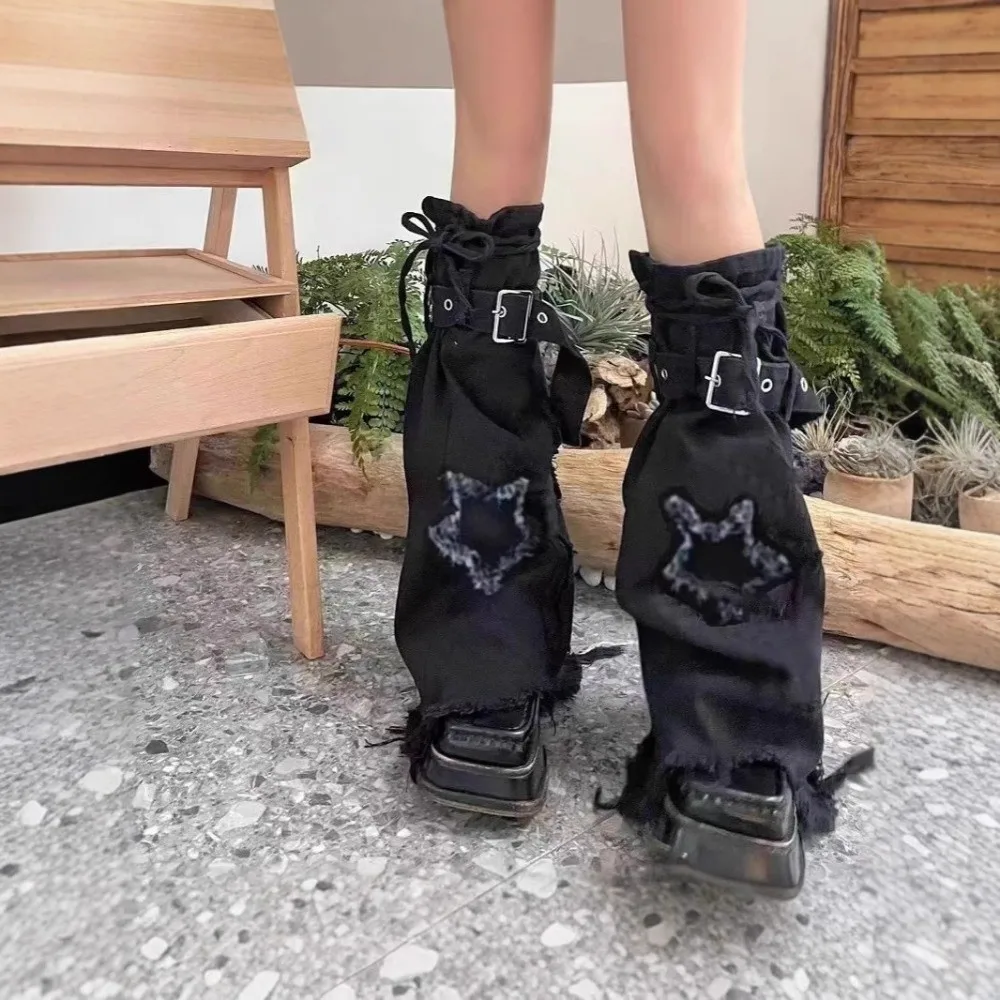 Japanese JK Lolita Y2K Denim Leg Warmers Stars Denim Cloth Cross Trumpet Leg Covers Drawstring Footcover Long Stockings Girls