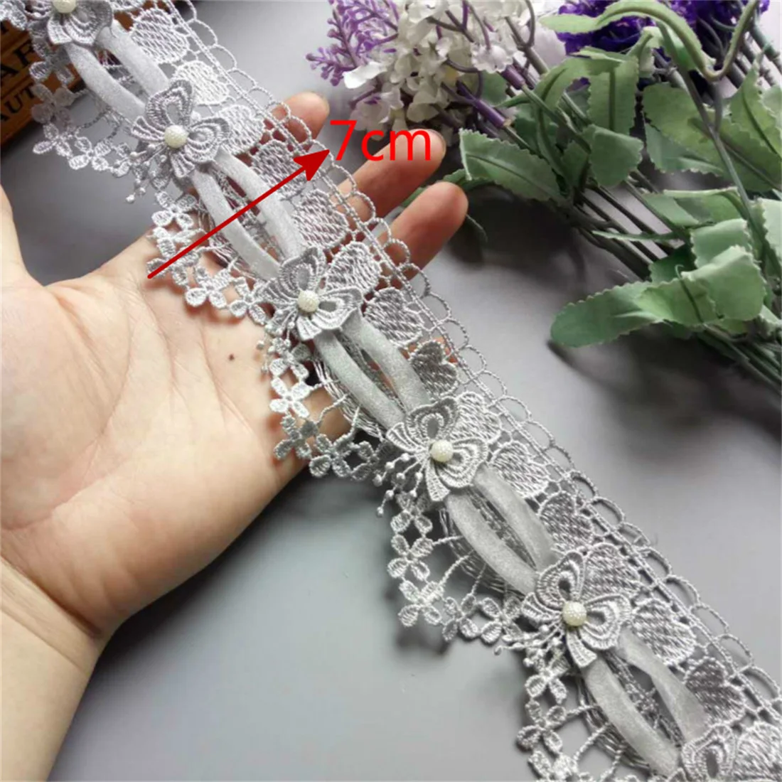 1 Yard Luxury Gray  Organza Tulle Lace Fabric 3D Beads Flowers Embroidery Ribbon Trim Edge For DIY Sewing Neckline Garment Decor