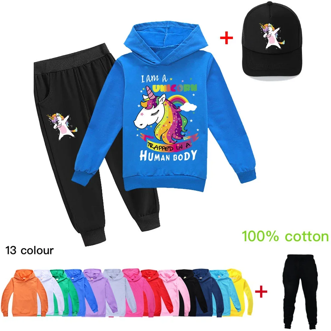 

Cute Girls Unicorn Hoodies Cotton Kids Top+Pant+Sunhat Sets Children Clothing Set Boys Clothes Cartoon Animal Pony Sweatshirts