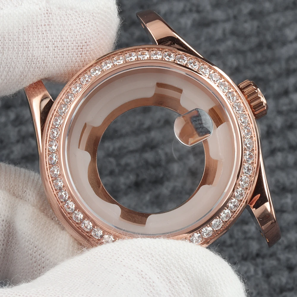 Rose gold 33mm NH05 Case diamond Lady‘s Steel Watch Case Sapphire glass For Seiko NH05 NH06 Movement 25mm Dial Jubilee Strap