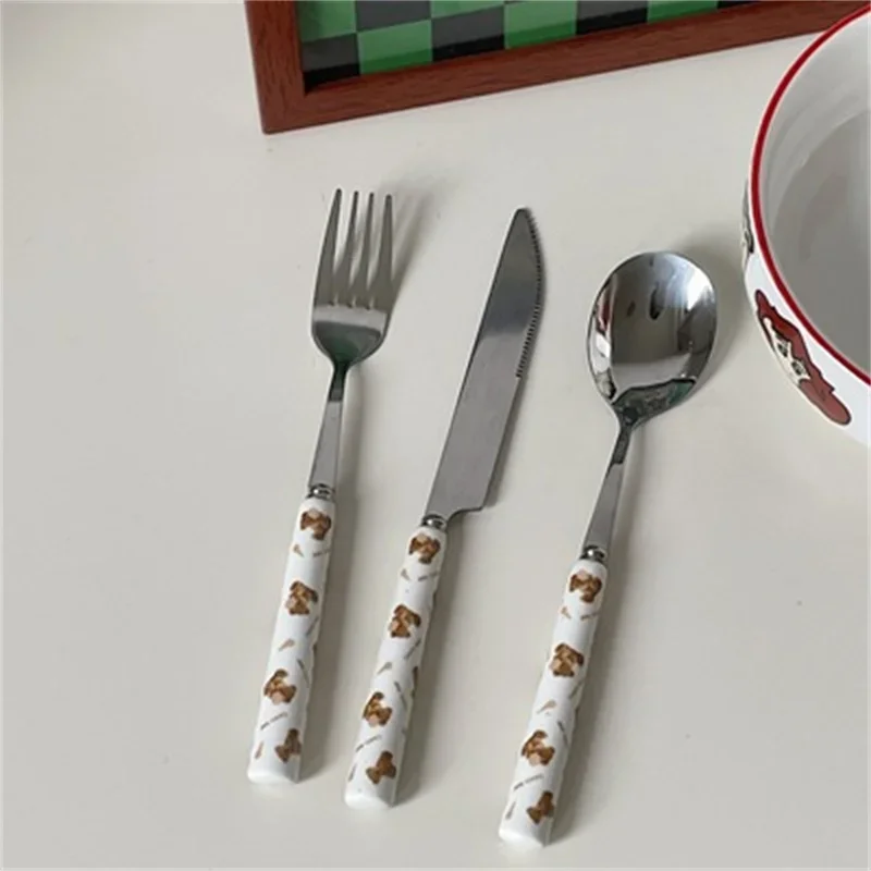 Cute Bear Stainless Steel Knife Fork Spoon with Ceramics Handle Lunch Tableware Coffee Dessert Fork Spoon Students Cutlery Set