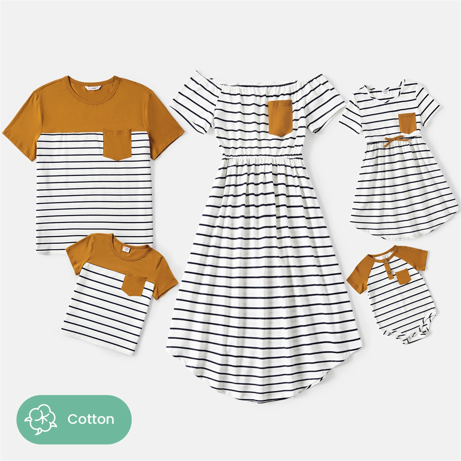 PatPat Family Matching Outfits 95% Cotton Striped Off Shoulder Belted Dresses and Short-sleeve Colorblock T-shirts Sets