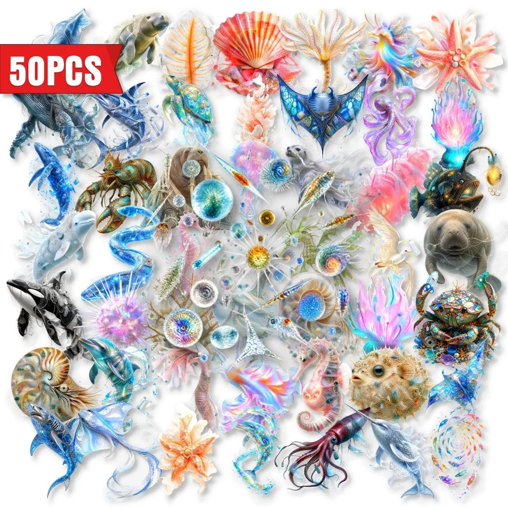 50Pcs Clear PET Crystal Marine Life Stickers Dreamy Deep Sea Whale Shell Waterproof Decals For Journal Decor Papery Pop Store