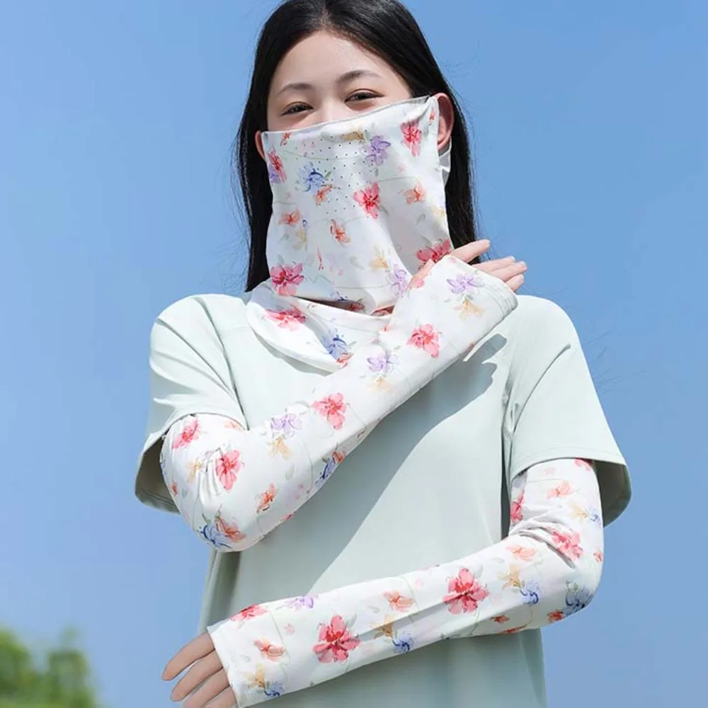 

3pcs Breathable Floral Ice Silk Mask UPF50+ Quick Drying Sunshade Arm Cover Face Shield Drawstring Ice Silk Sunscreen Sleeves
