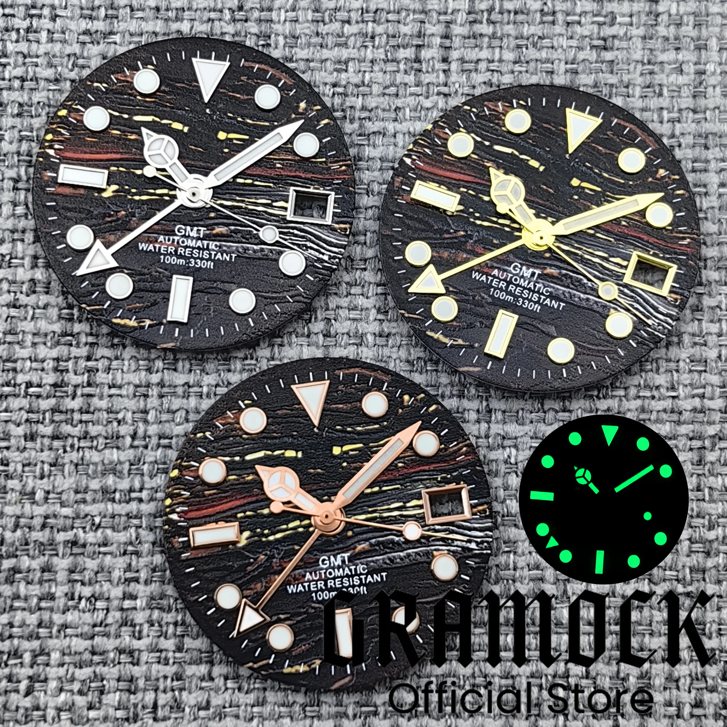 Gramock 29mm Iron Tiger's-eye Stone Luminous GMT Watch Dial Hand Set Gold Rose Gold Mark Fit NH34 Movement GMT Watch Accessories