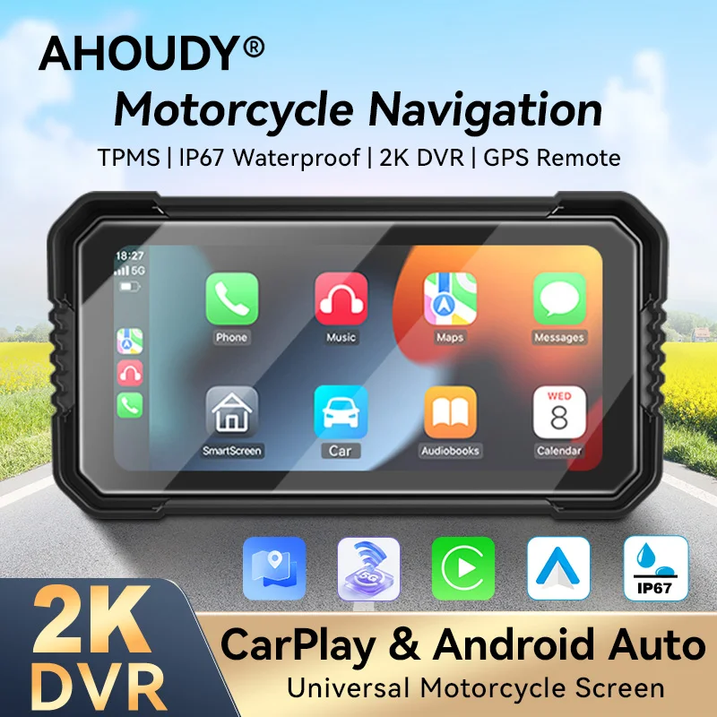 

AHOUDY Motorcycle GPS Navigation 6.25" Wireless Carplay Android Auto Portable Waterproof Screen Bluetooth TPMS WIFI