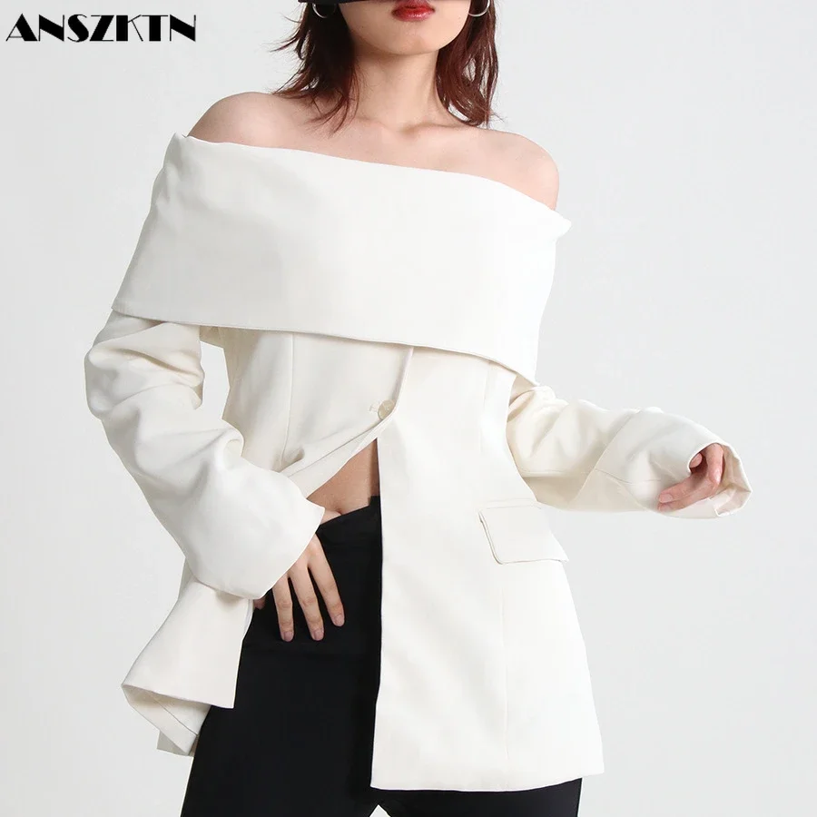 ANSZKTN New Women Thin Blazer Office Lady Lapel Long Sleeve Coat Suit Slim Cardigan Solid Color Jacket Casual Tops