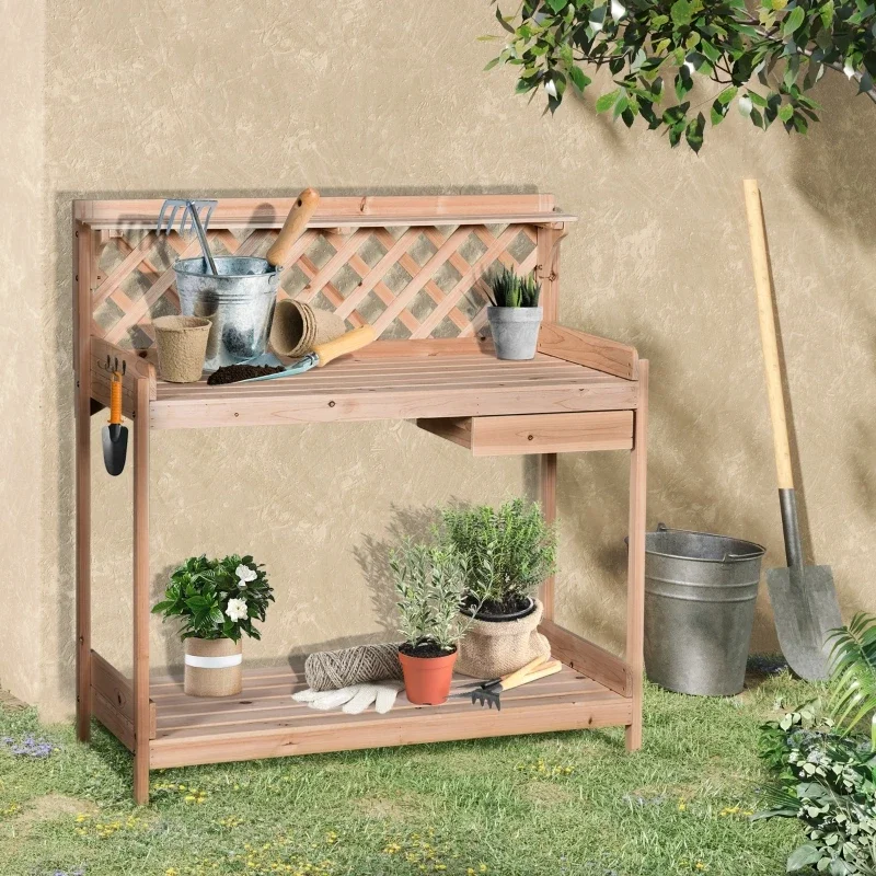 Outdoor Garden Potting Bench,  w/ Drawer, Hooks, Open Shelf, Lower Storage and Lattice Back for Patio, Backyard and Porch