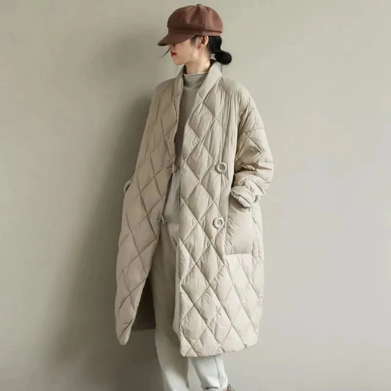 Zimowe lekkie damskie luźne, luźne, puchowa kurtka bawełniana, w kratę, stojące z kołnierzem, płaszcz z podszewką w stylu Vintage w stylu Midi