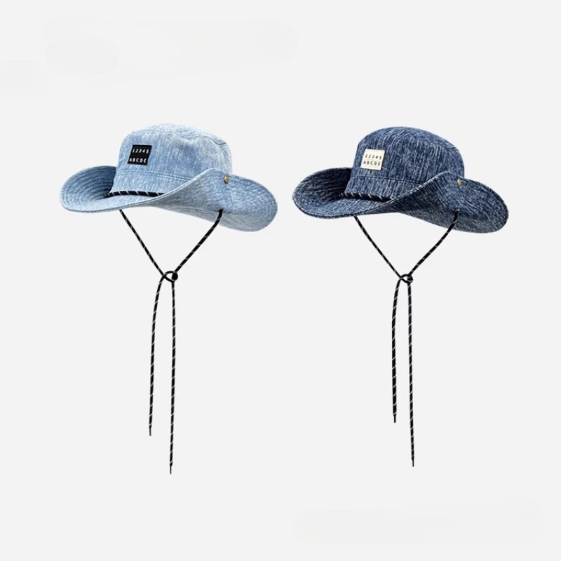 

Japanese Simple Camping Bucket Hat Men's and Women's Outdoor Riding Strap-on Big Eaves Washed Denim Sticker Label Design Sun Cap