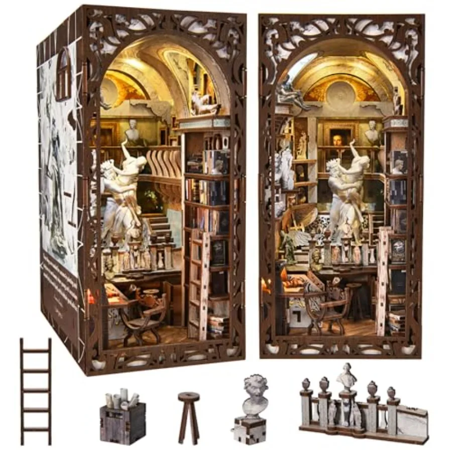 Book Nook Kit for bookshelf display, 3D wooden puzzle with LED light and dust cover, natural wood color, easy DIY assembly for