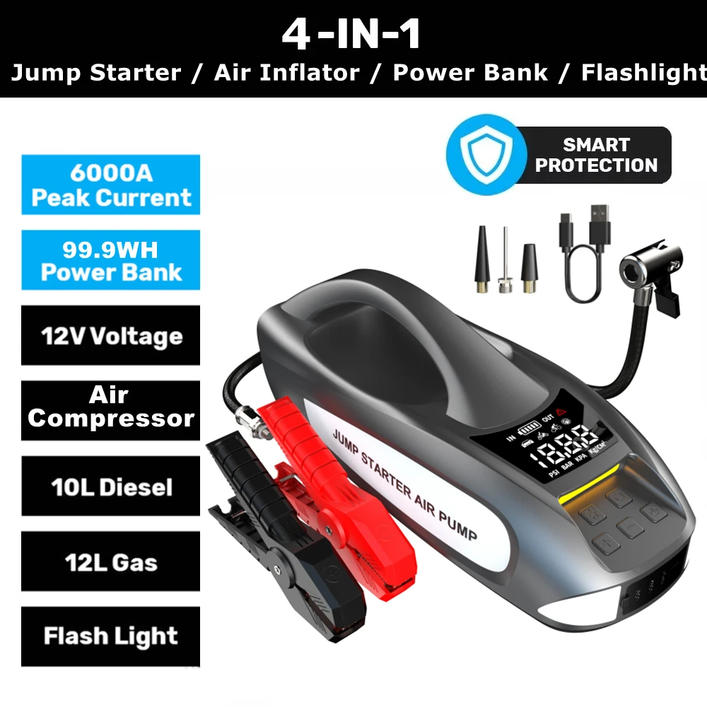 Portable Car Battery Booster Jump Starter 27000mAh Power Bank Digital Screen LED Light 6000A Peak Current Output Tyre Inflator