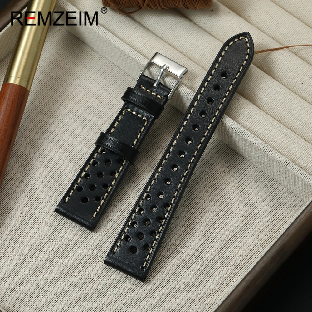 Pulseira de couro artesanal vintage, design respirável, 20mm 22mm, substituição universal, pulseira de relógio de pulso