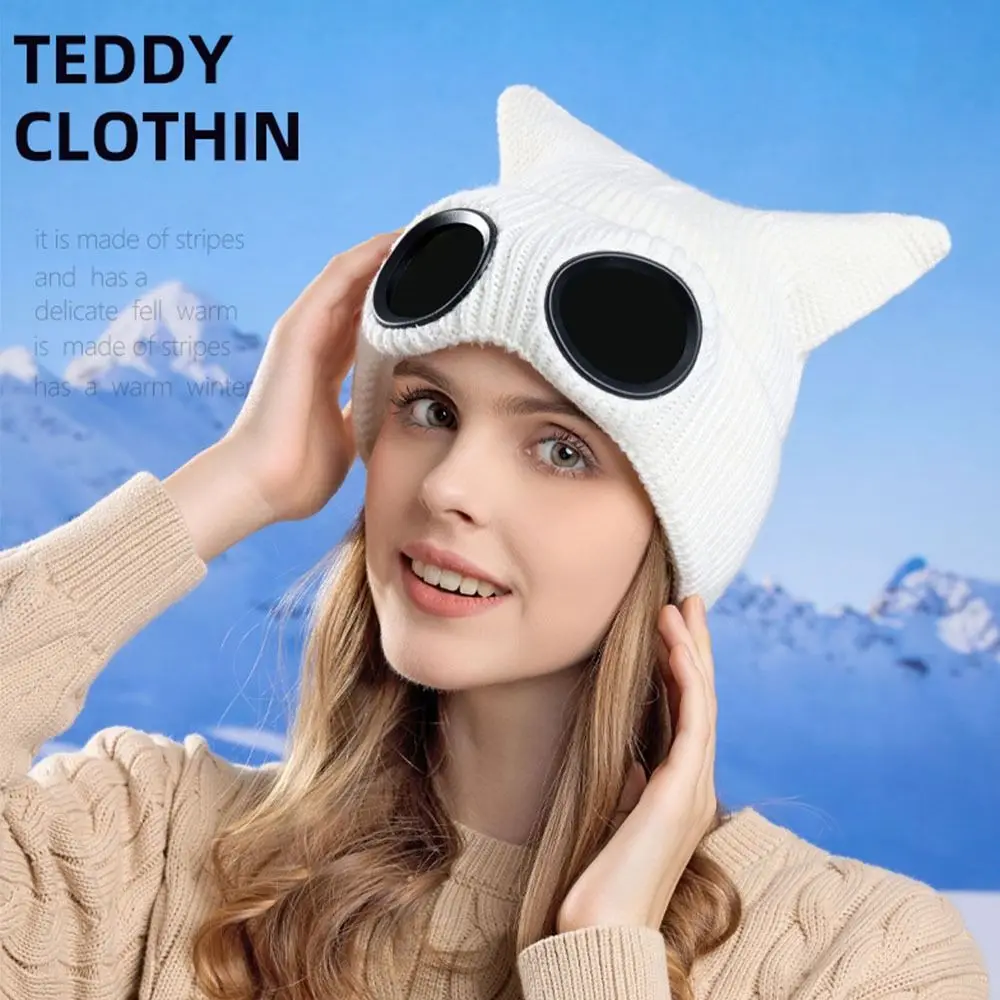 Removable Glasses Winter Glasses Caps Windproof Wear-resistant Warm Ski Mask Hats Cat Ears Thickened Head Knitted Hat Women