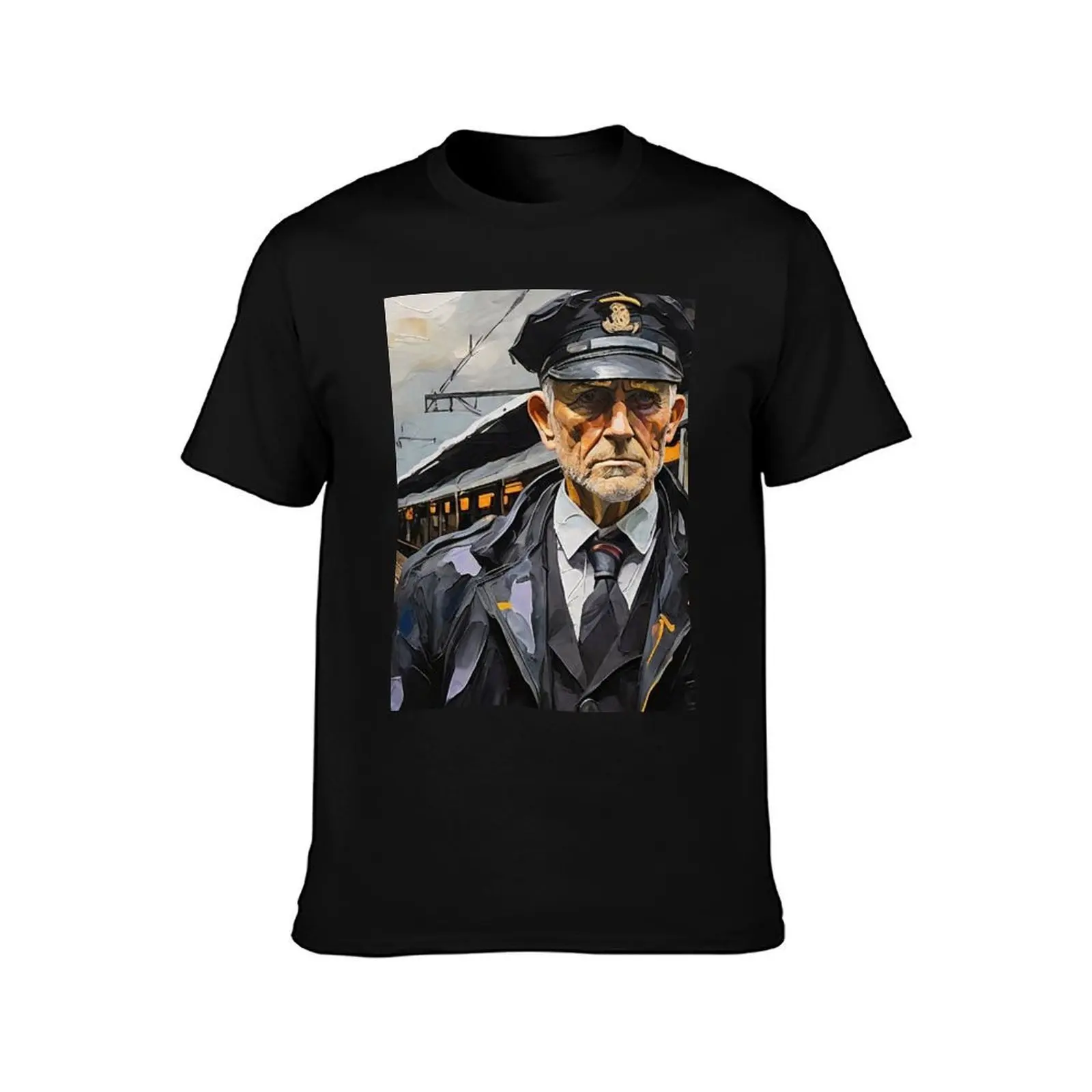 Old Train Conductor Graphic T-Shirt, Summer Casual Cotton Tee, Oversized Streetwear Tops, Vintage Graphic Print, 100% Cotton