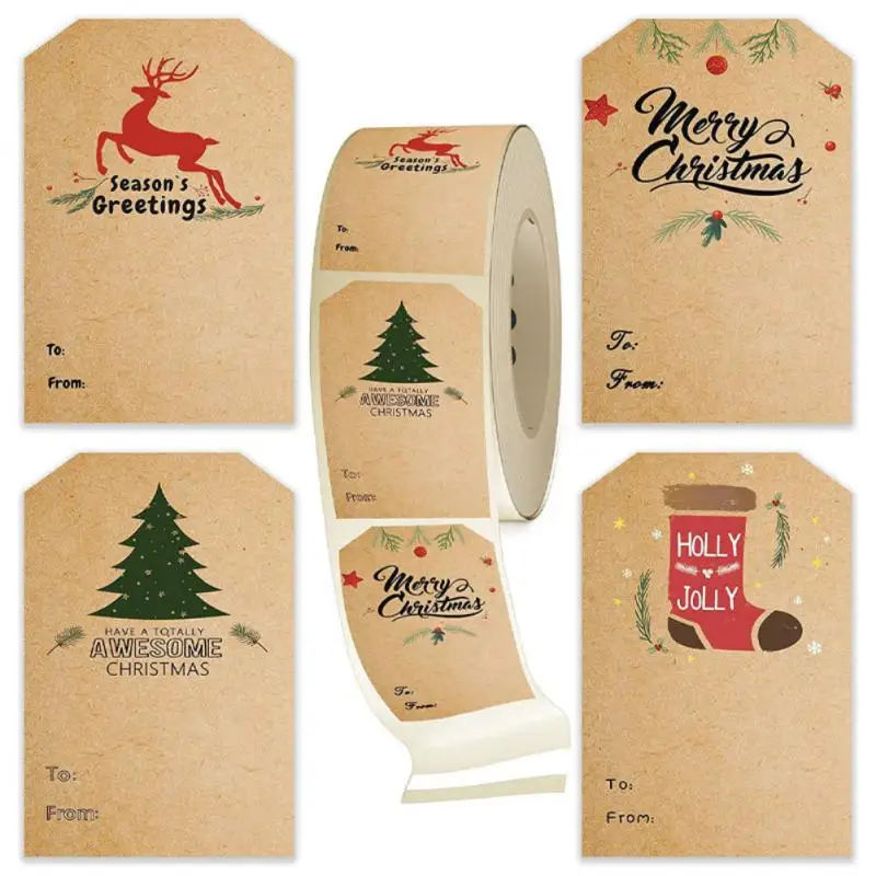 300pcs 5*7.5cm Merry Christmas Gift tags Sticker Kraft Paper Handwritten Name Christmas Tree Elk Label DIY Party Scrapbook