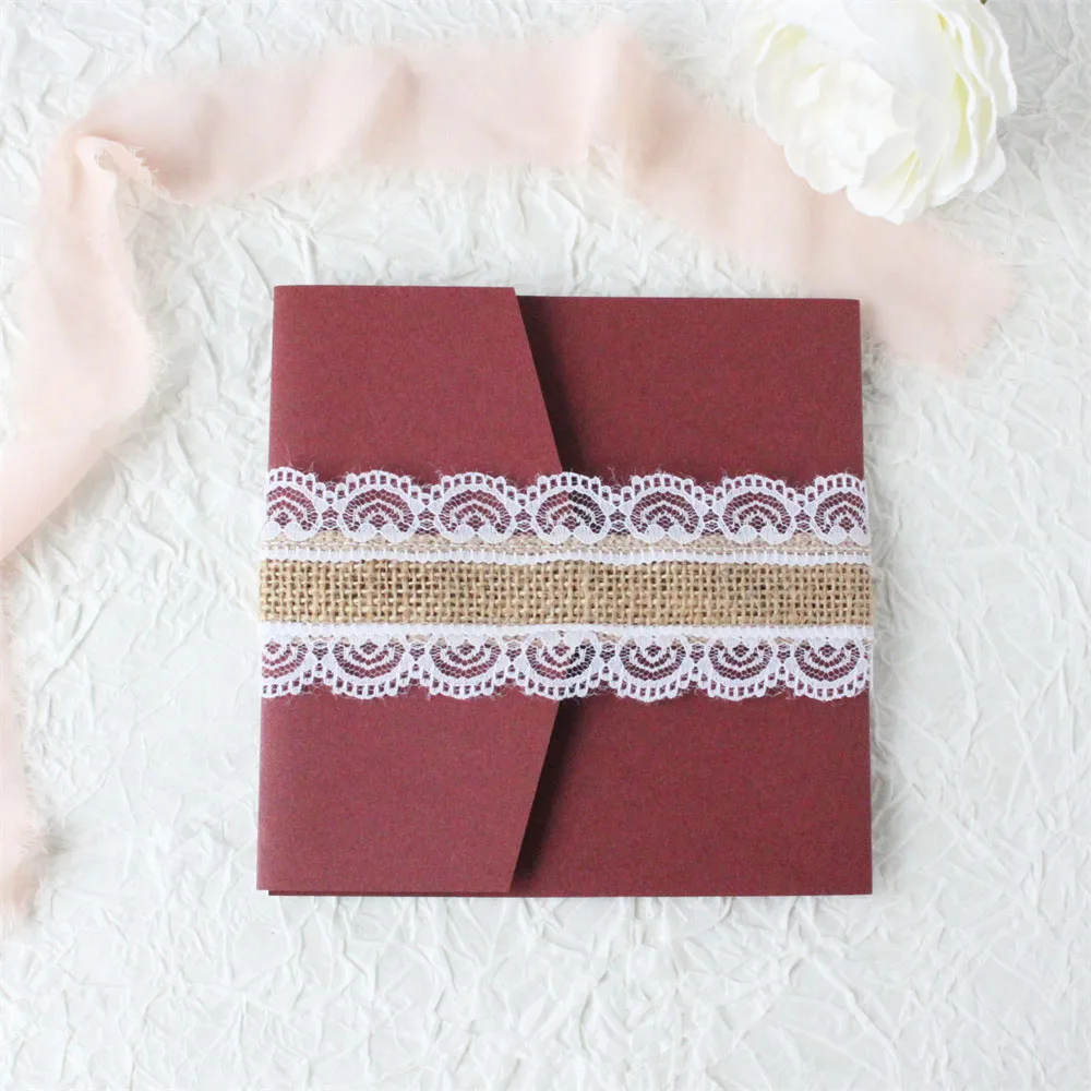 Country Lace Wedding Invitation Set Burgundy DIY Weeding Card Personalzied Text Printing 250gsm Paper Multi Colors