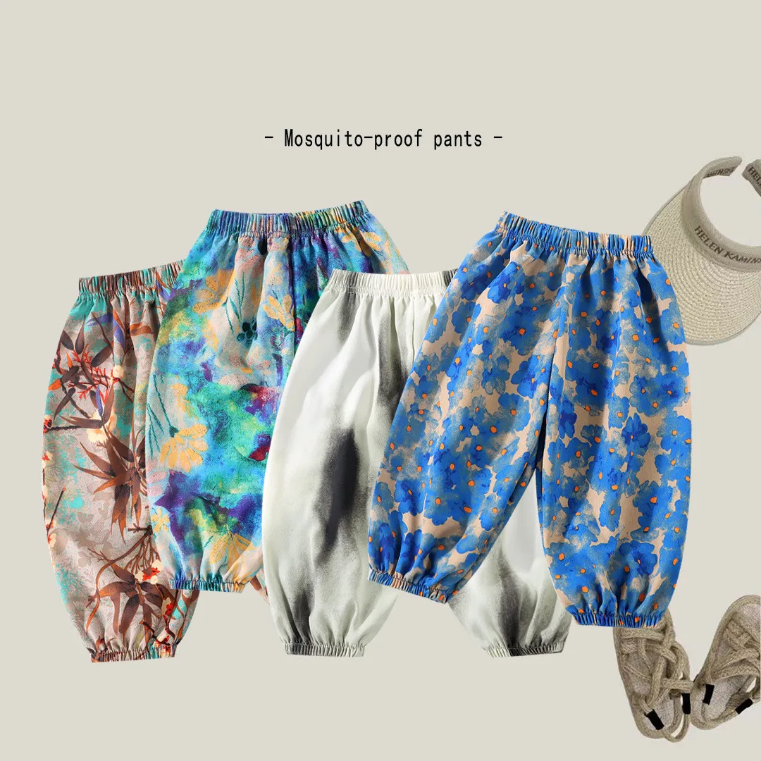 Summer Floral Children Lantern Pants Kids Girls Breathable Anti-mosquito Trousers