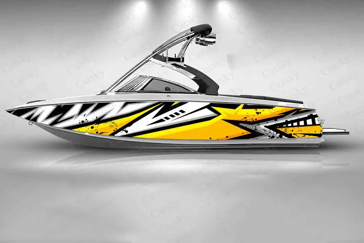 

Yellow Geometry Stripes Graphic Boat Fashion Sticker Packaging Waterproof Custom Marine Ship Sticker Wrap Vinyl Decal Decoration