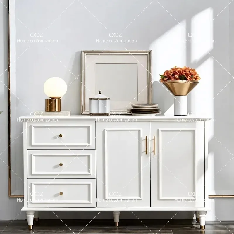 American Solid Wood Dining Side Cabinet French White Paint Light Luxury Living Room Semi Tall Storage Tea Cabinet