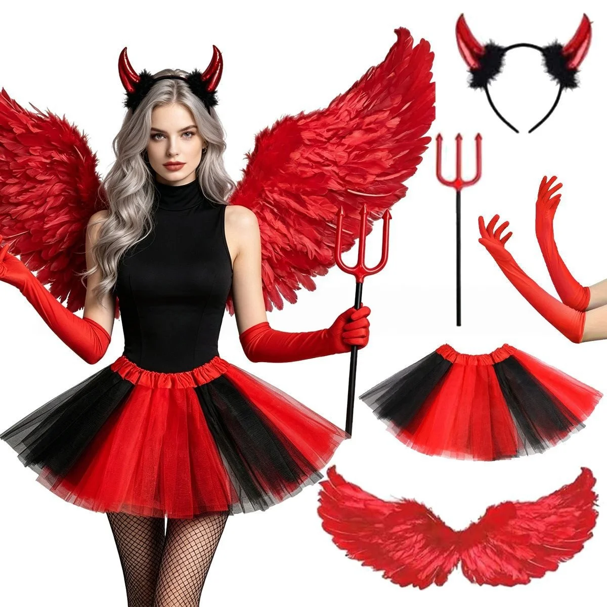 Halloween Cosplay Red Devil Headwear Wing Skirt Tail Gloves Socks Set Women Dress Up Costume Stage Show Party Accessories Props
