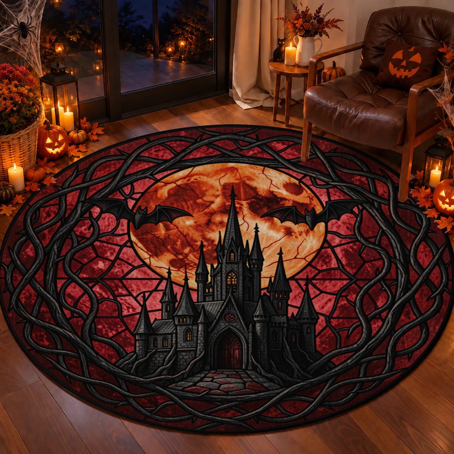 Stained Glass Haunted Castle Bat Moon Round Velvet Rug Machine Washable for Living Room Bedroom Entryway Dining Room Halloween Thanksgiving Black Friday Christmas New Year