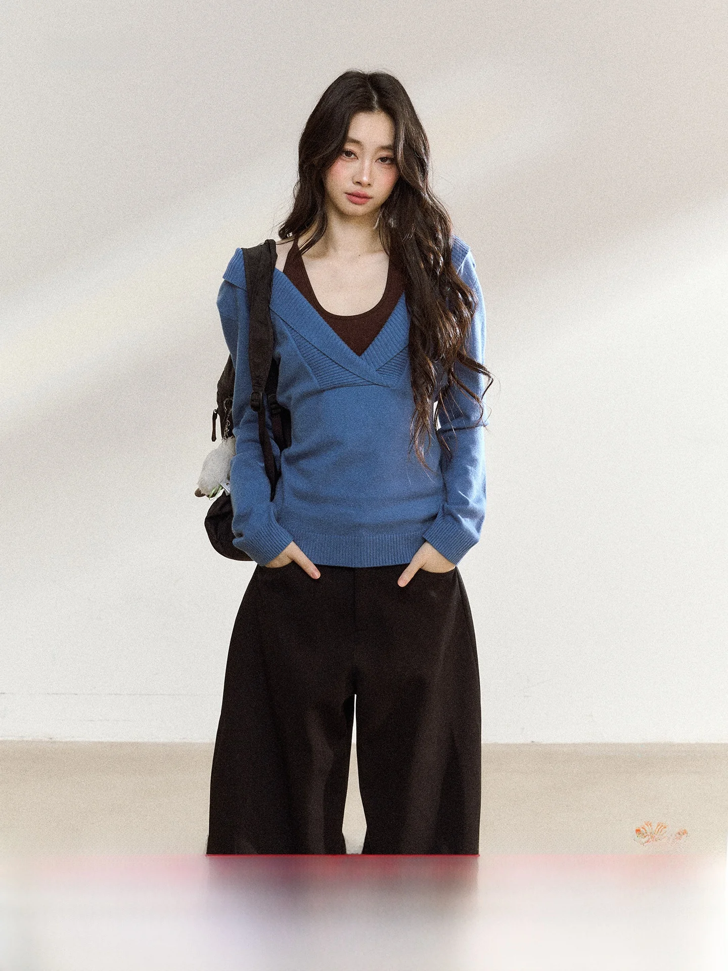 

Original Design American Sle Blue Sweater Knitted Base irt Women's Casual Faion V-ne Long Sve Polyester Blend Top