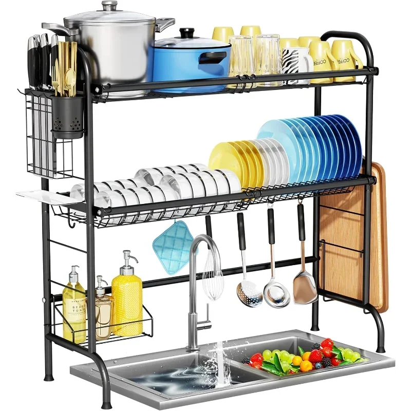 

Over The Sink Dish Drying Rack, 2-Tier Stainless Steel Large Over The Sink Dish Rack with Utensil Holder Dish Drainers