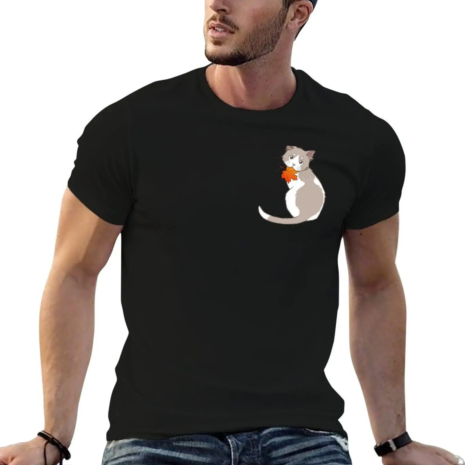 

Fall maple leaf cat T-Shirt man t shirts for men casual men t shirt cotton 100% T-Shirt