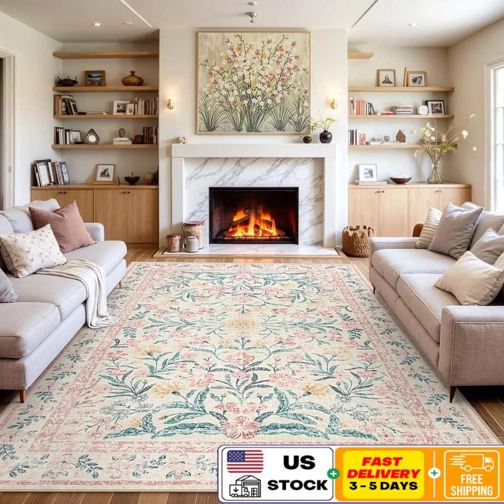 

Boho Floral Large Area Rug Machine Washable Soft Non-Slip Carpet Easy Care Foldable Living Room Bedroom Elegance