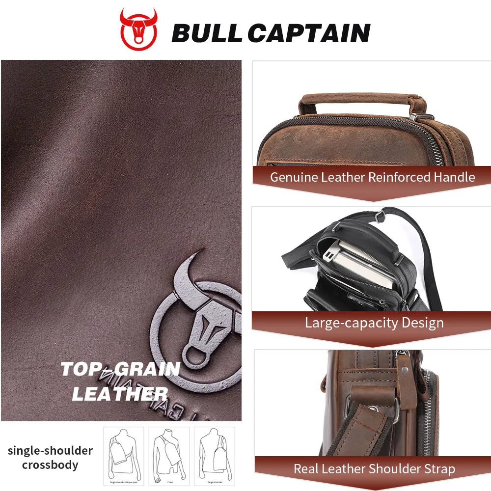 BULLCAPTAIN Genuine Leather Men's Shoulder Bag Vintage Cross Bags Large Capacity Male Messenger Tote Bag Travel Bolso Hombres ﻿