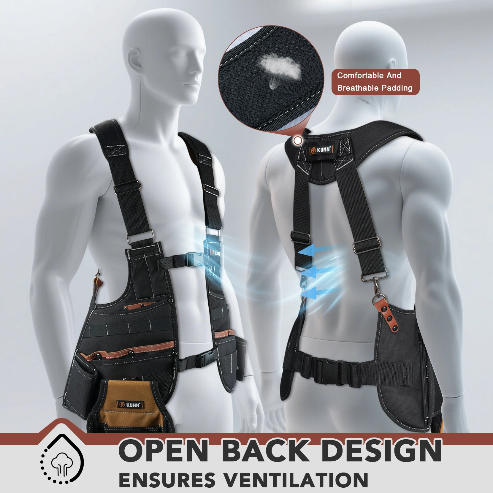 Rompi Alat Kulit KUNN untuk Pria – Rompi Kerja 37 Kantong yang Dapat Disesuaikan untuk Teknisi Listrik, Tukang Kayu, dan Pekerja Konstruksi (Cokelat)