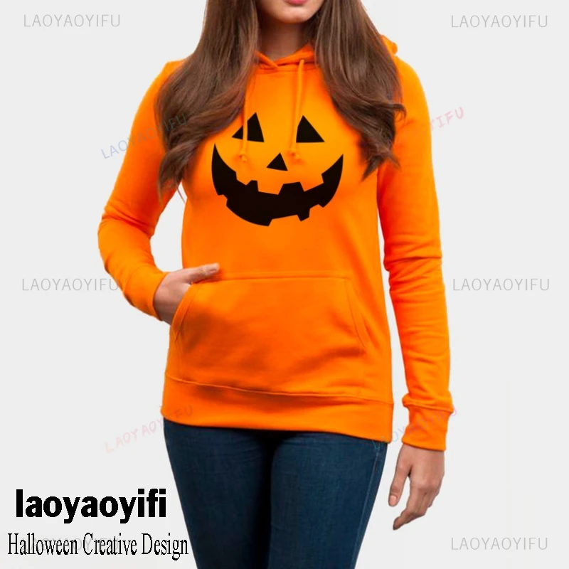 Orange Pumpkin Face Halloween Woman Hoodie All Saints' Day Trick or Treat Autumn Winter Man Sweatshirt Outdoor Warm Outerwear