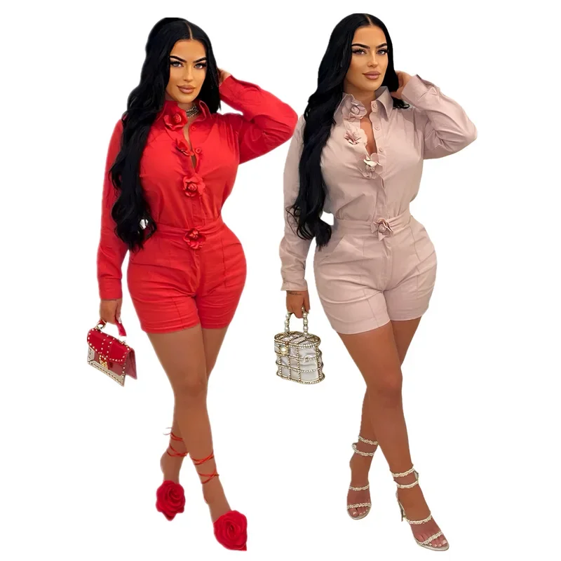 

Women Set 3D Flower Long Sleeve Shirts Tops +Shorts Two 2 Piece Sets Street 2025 Active Party Outfit Tracksuit Summer