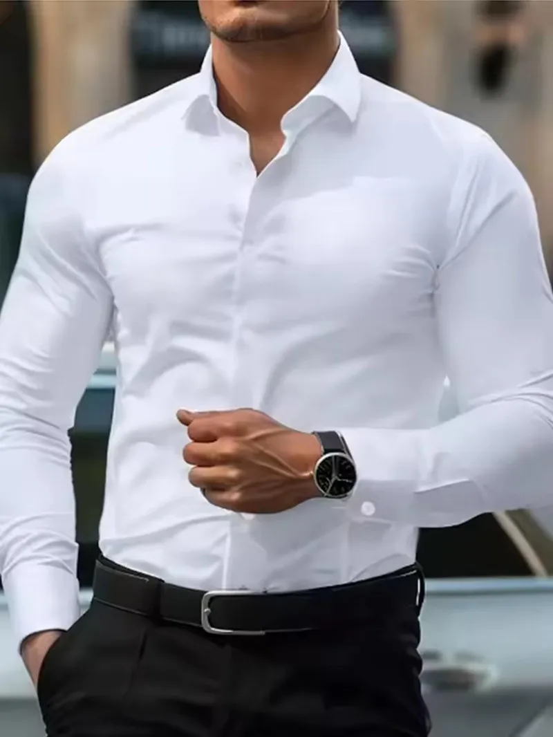 White men's Dress shirt without ironing, business casual, slim and slim black shirt, solid color, fashionable and high-quality