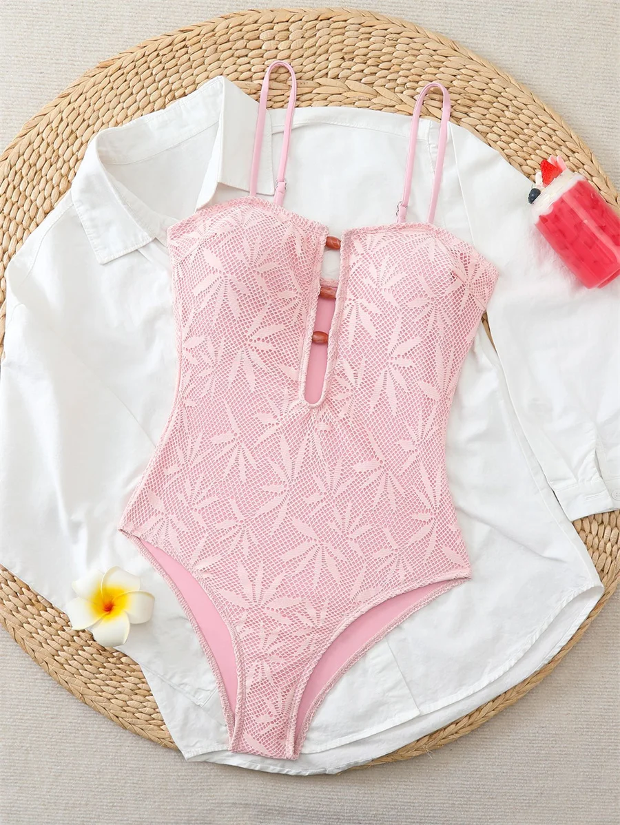Einteiliger Badeanzug für Damen, gehäkelte Spitze, tiefer V-Ausschnitt, sexy Badeanzug, Sommer, Strandurlaub, Bademode, verstellbarer Riemen, Monokini – Detail 14