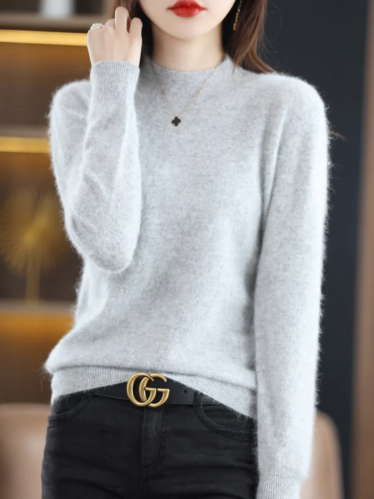 CHICUU Women Autumn Winter Mink Cashmere Sweater Mock Neck Pullover 100% Mink Cashmere Knitwear Basic Soft Warm Bottom Clothing