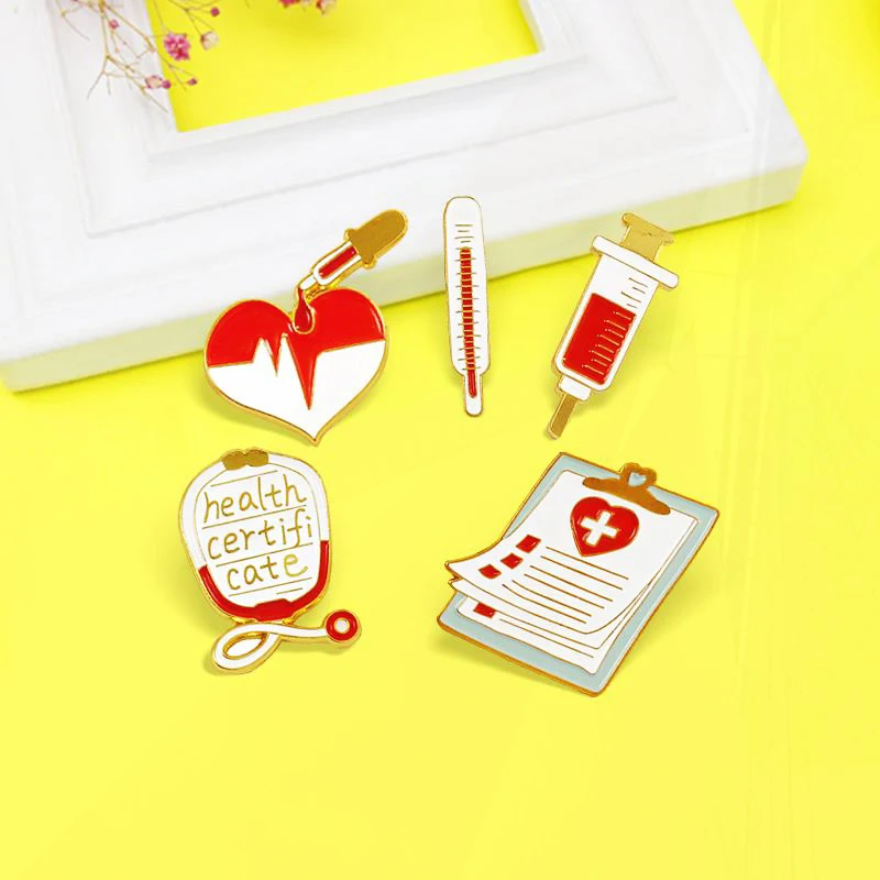 Medical record Heartbeat Heart Pin Lapel Badge Doctor Nurse  Brooch Syringe Stethoscope Thermometer