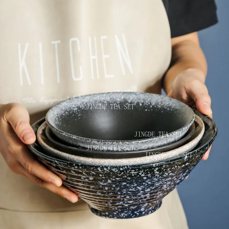 1pc Ceramic Ramen Bowl Rustic Speckled Glaze Threaded Surface Wide Mouth Salad Noodle Bowl Home Kitchen Restaurant Food Serving