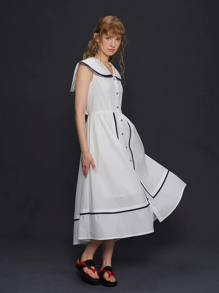 Spring Summer Original Design Women Light French Young Navy Style White Shirt Dresses