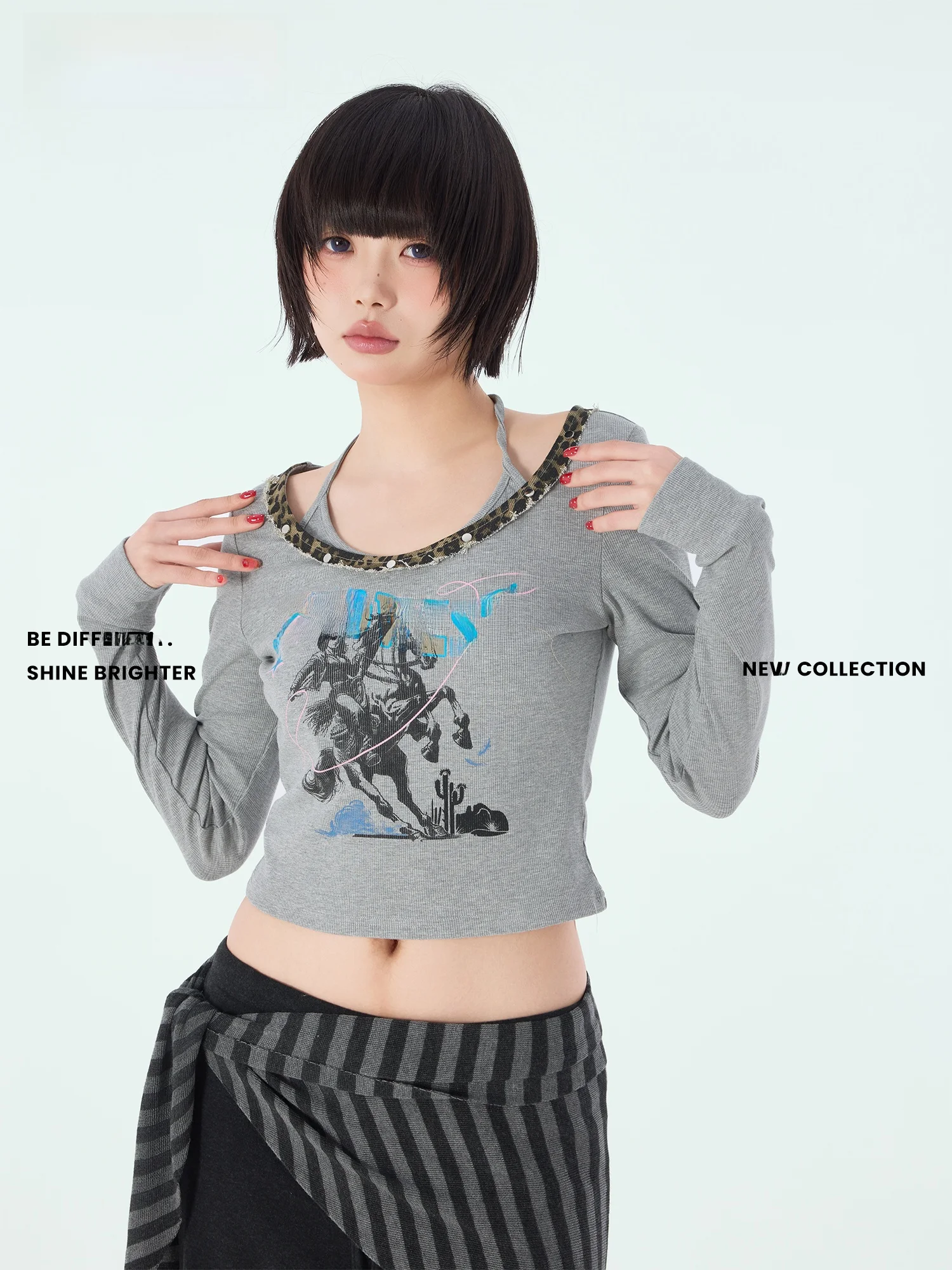 

Новинка Didimax: Женский трикотажный топ с широким воротником, эластичный, с леопардовым принтом, повседневный, приталенный, с длинными рукавами