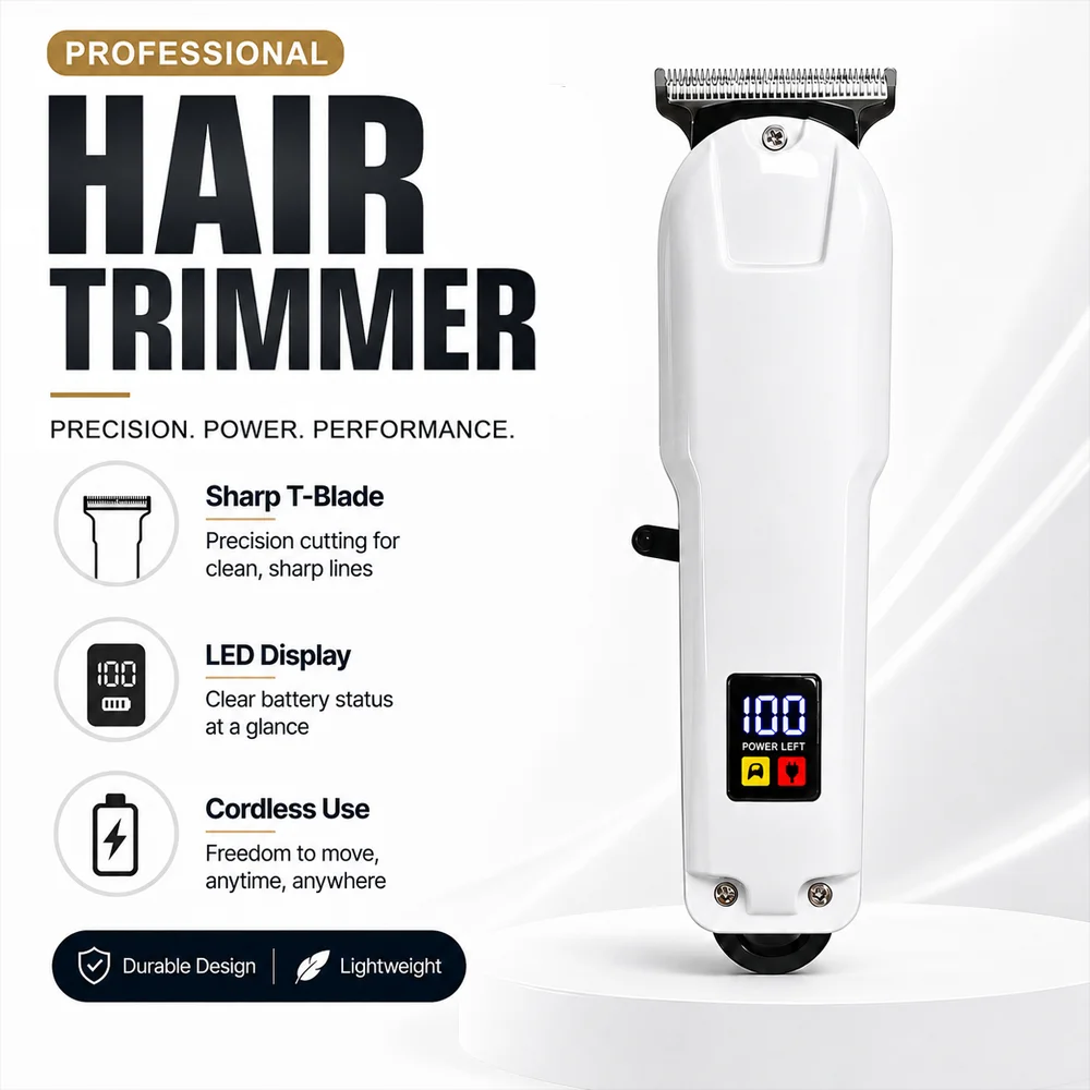 High-Quality Electric Hair Clipper for Men, with Digital Power Display, Four Types of Limit Combs for Cutting Length, Adjustable Lever Start-Up, Type-C Charging, Cordless Hair Trimmer, Tool for Trimming Short Hair, Hairline, Sideburns, Back of Neck, and Beard, Compact and Portable, Convenient for Business Trips and Travel
