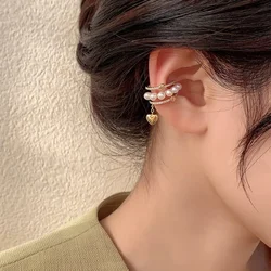 Elviragirl 1 Pcs Zircon Pearl Heart Clip Earrings for Women Multilayer Geometry Chain Ear Cuff Fashion Jewelry Accessories Gifts