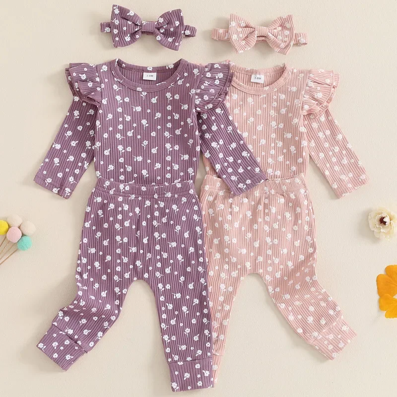 

Baby Girl Spring Autumn Floral Ribbed Long Sleeves Jumpsuit and Elastic Pants Headband Clothes Set 0 to 18 Months