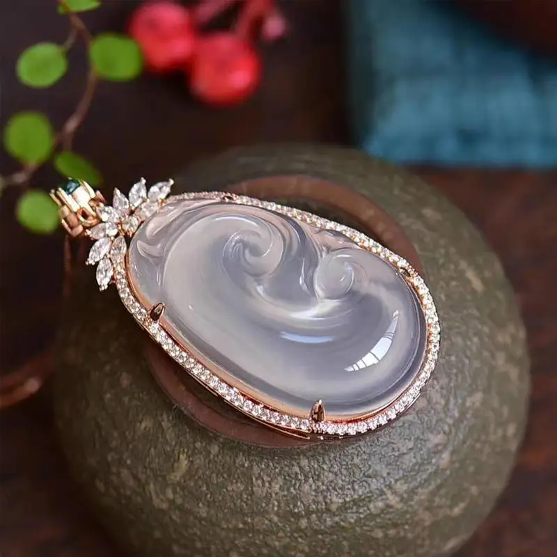 Inlaid Perfect Jade Chain Natural Chalcedony Agate Pendant Exquisite Jewelry Accessories Round Bead Necklace Holiday Gift